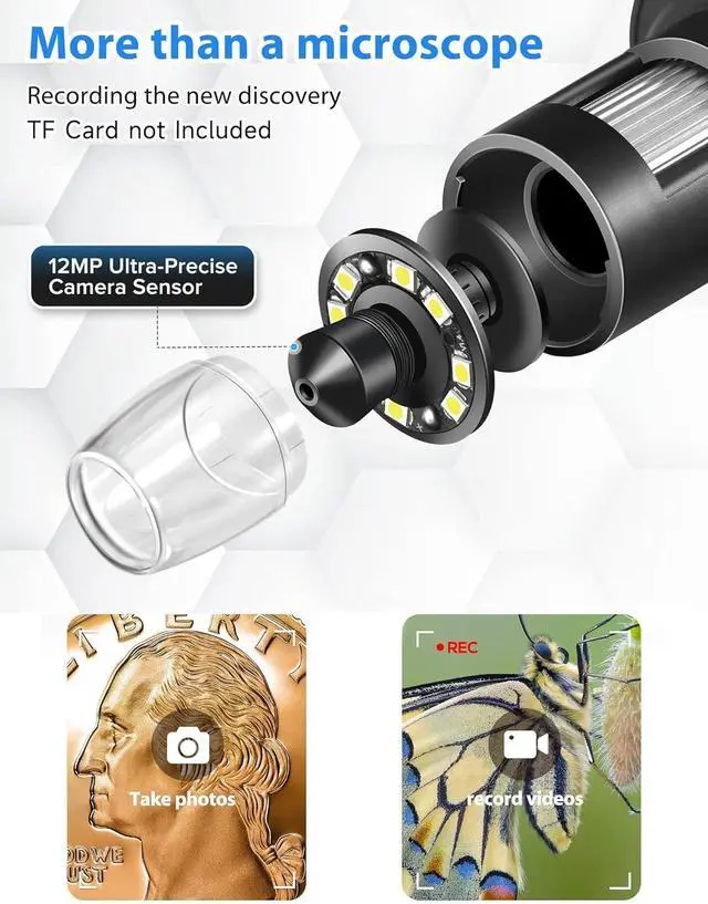 Alt view image 7 of 7 - 7'' Digital Microscope 1200X, 12MP 1080P Photo/Video Microscope for Adults Soldering Coins,Metal Stand,Wired Remote,10 LED Fill Lights,PC View,Windows/Mac - Black