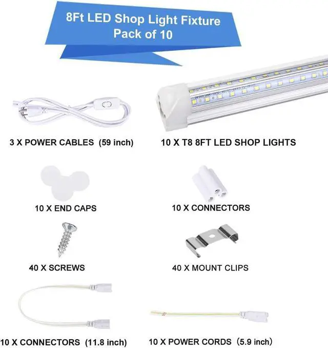 Alt view image 2 of 7 - 8FT LED Shop Light Fixture, White 10 Pack T8 Integrated Tube Lights, 72W 9500LM 6500K High Output Clear Cover, V Shape 270 Degree Lighting for Garage Warehouse, Upgraded Lights Plug and Play