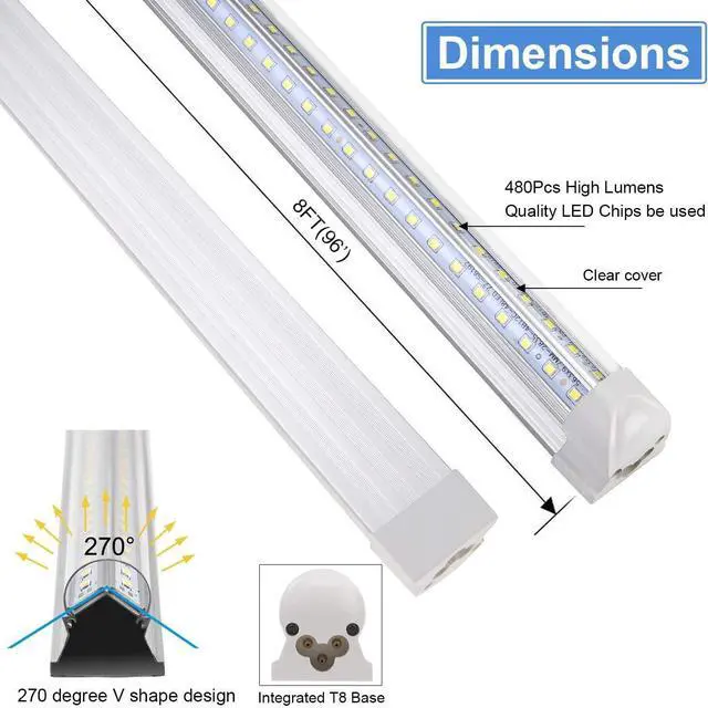 Alt view image 3 of 7 - 8FT LED Shop Light Fixture, White 10 Pack T8 Integrated Tube Lights, 72W 9500LM 6500K High Output Clear Cover, V Shape 270 Degree Lighting for Garage Warehouse, Upgraded Lights Plug and Play