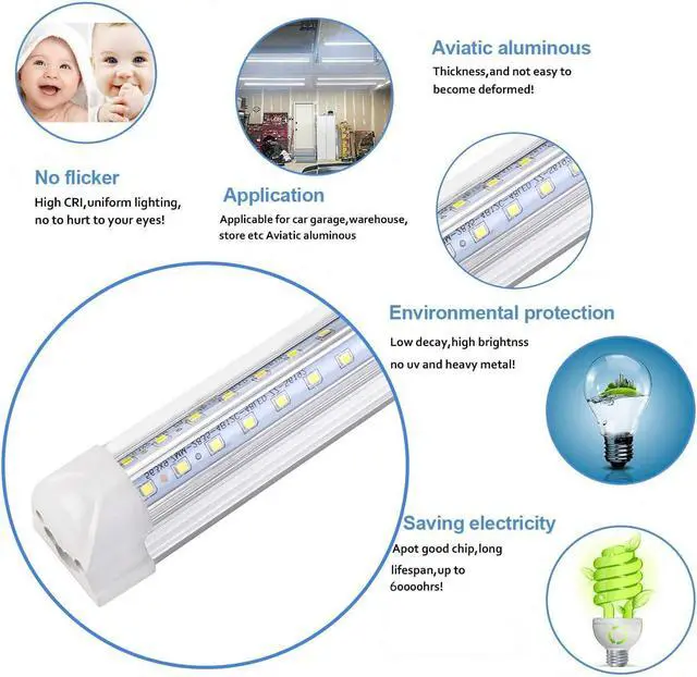 Alt view image 5 of 7 - 8FT LED Shop Light Fixture, White 10 Pack T8 Integrated Tube Lights, 72W 9500LM 6500K High Output Clear Cover, V Shape 270 Degree Lighting for Garage Warehouse, Upgraded Lights Plug and Play