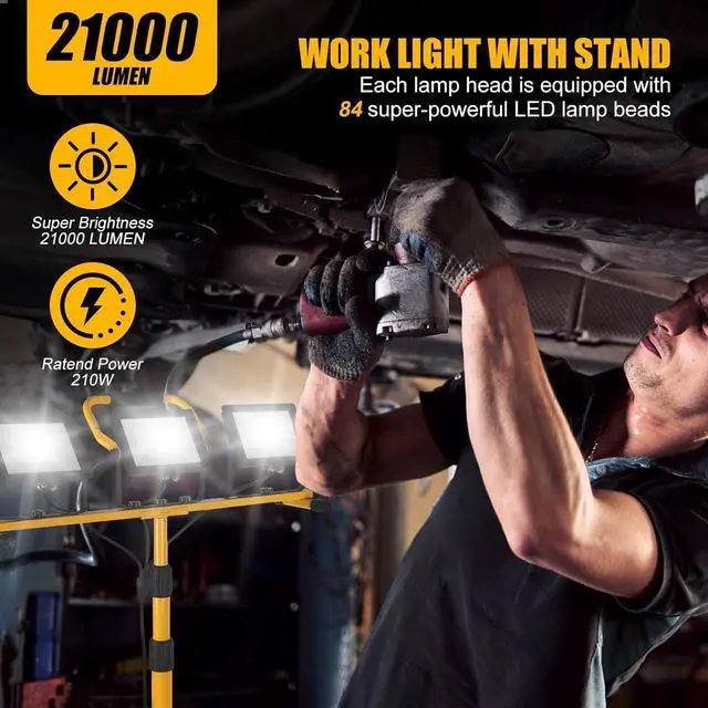 Alt view image 2 of 6 - 21000Lumen LED Work Lights with Stand - 3 Head Portable Work Light on Stand - IP66 Waterproof Tripod Worklights for Outdoor Indoor Job Site Workshop Garage Construction Site Lighting