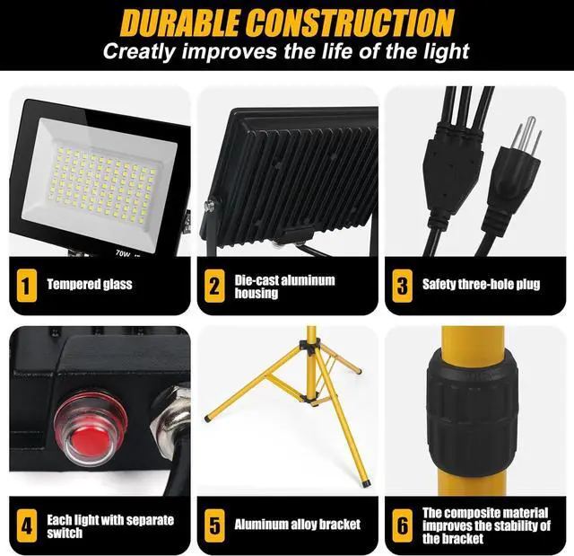 Alt view image 4 of 6 - 21000Lumen LED Work Lights with Stand - 3 Head Portable Work Light on Stand - IP66 Waterproof Tripod Worklights for Outdoor Indoor Job Site Workshop Garage Construction Site Lighting