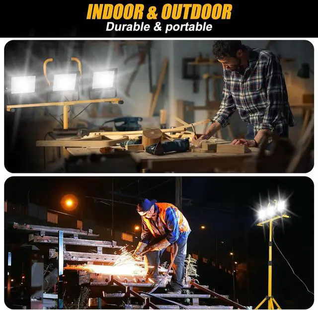 Alt view image 6 of 6 - 21000Lumen LED Work Lights with Stand - 3 Head Portable Work Light on Stand - IP66 Waterproof Tripod Worklights for Outdoor Indoor Job Site Workshop Garage Construction Site Lighting