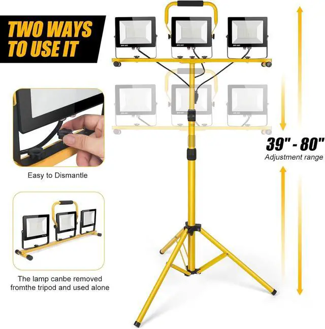 Alt view image 3 of 6 - 21000Lumen LED Work Lights with Stand - 3 Head Portable Work Light on Stand - IP66 Waterproof Tripod Worklights for Outdoor Indoor Job Site Workshop Garage Construction Site Lighting