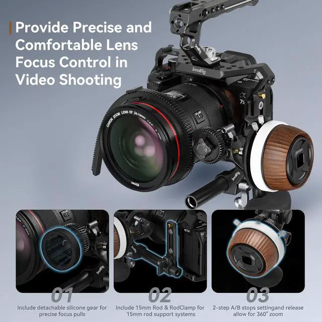 Alt view image 5 of 7 - F60 Follow Focus for DSLR and Mirrorless Camera Lenses, with Non-Damping Design & Forward/Reverse Switch & A/B Stops, Included Lens Gear, Gear Ring, 15mm Rod & Rod Clamp - 3850