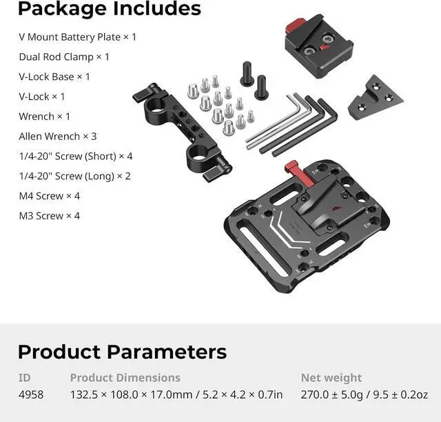 Alt view image 6 of 7 - Battery Plate with V-Lock Mount with Dual 15mm Rod Clamp Kit for Camera Power Supply - 4958