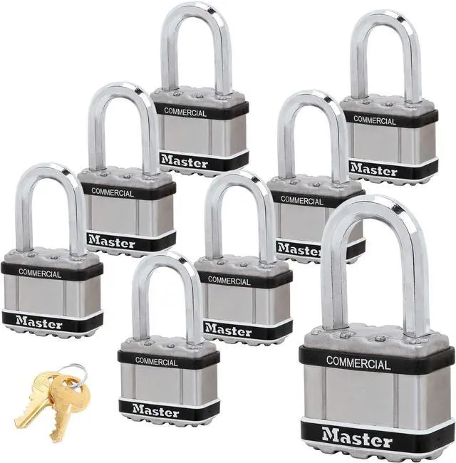 Main image of Master Lock Magnum Padlocks - 2" W x 1-1/2"L Shackle, Eight (8) Keyed Alike Locks #M5NKALFSTS-8 w/BumpStop Technology
