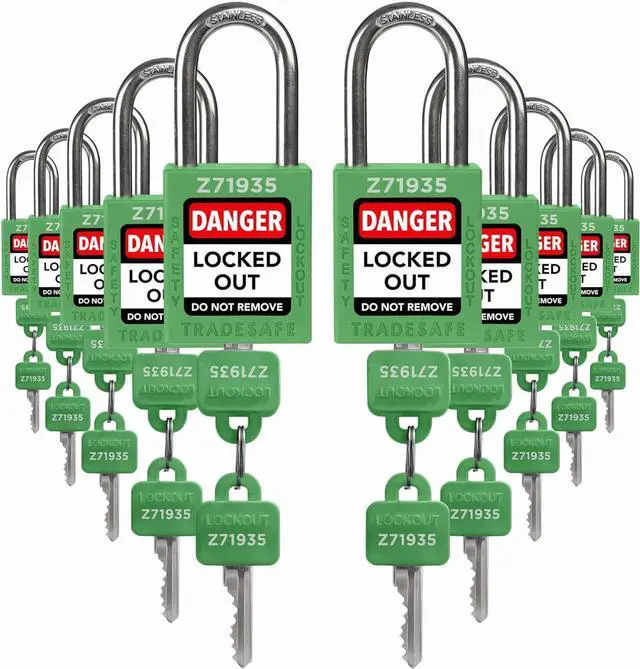 Main image of Lockout Tagout Locks Set - 10 Green Keyed Alike Padlocks, 2 Keys Per Lock, OSHA Compliant Loto Locks for Lock Out Tag Out Stations, Premium Grade