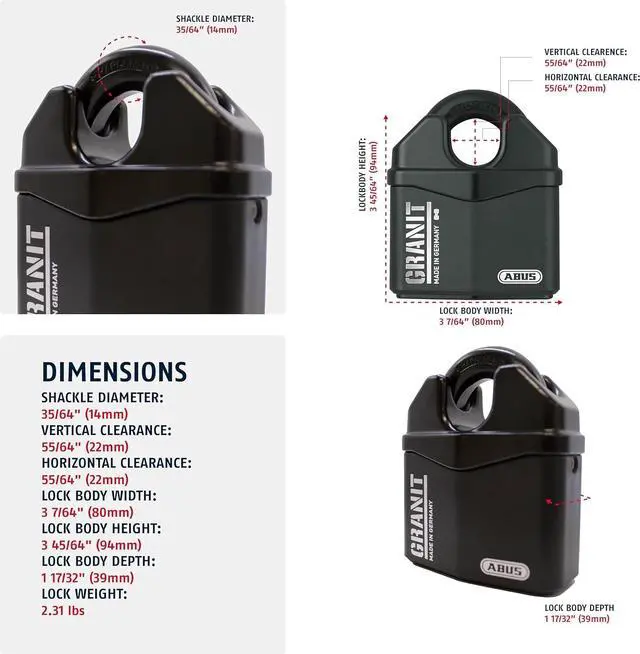 Alt view image 2 of 6 - Granit 37/80 Heavy Duty Hardened Steel Padlock - Closed Shackle Lock with 1/2" Shackle - Corrosion Resistant Outdoor Lock - Made in Germany - Keyed Different
