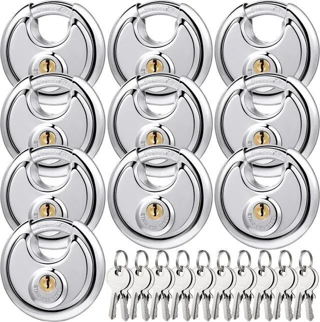 Main image of 10 Pack Padlocks Alike Keyed, Stainless Steel Pad Locks with Same Key Discus 2-3/4 Inch Wide 3/8 Inch Diameter Shackle, Disc for Outdoor Use, Storage Unit, Sheds, Garages and Fence