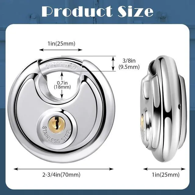 Alt view image 2 of 7 - 10 Pack Padlocks Alike Keyed, Stainless Steel Pad Locks with Same Key Discus 2-3/4 Inch Wide 3/8 Inch Diameter Shackle, Disc for Outdoor Use, Storage Unit, Sheds, Garages and Fence