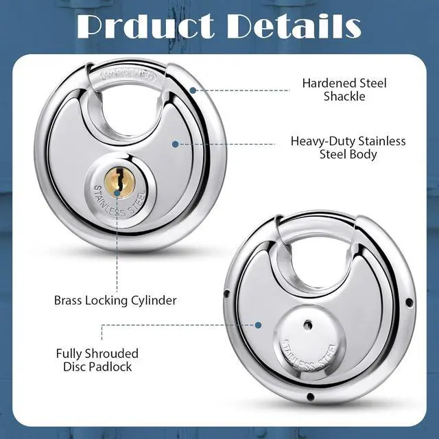 Alt view image 3 of 7 - 10 Pack Padlocks Alike Keyed, Stainless Steel Pad Locks with Same Key Discus 2-3/4 Inch Wide 3/8 Inch Diameter Shackle, Disc for Outdoor Use, Storage Unit, Sheds, Garages and Fence
