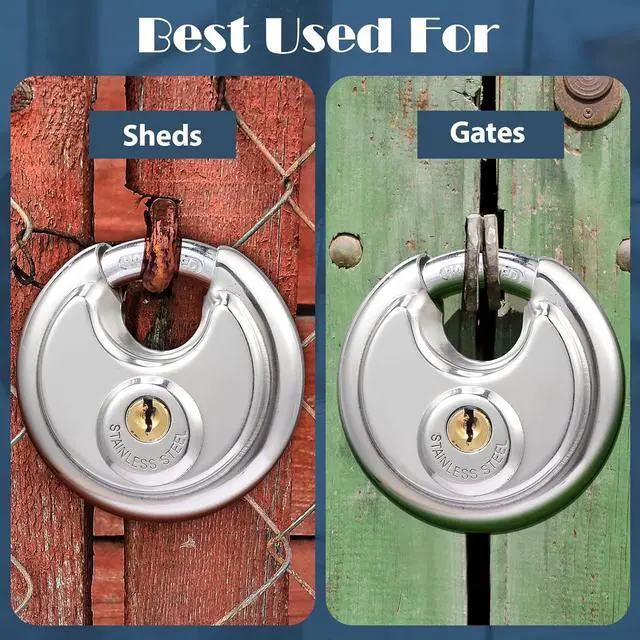 Alt view image 6 of 7 - 10 Pack Padlocks Alike Keyed, Stainless Steel Pad Locks with Same Key Discus 2-3/4 Inch Wide 3/8 Inch Diameter Shackle, Disc for Outdoor Use, Storage Unit, Sheds, Garages and Fence