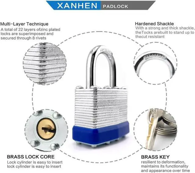 Alt view image 3 of 7 - Lock Outdoor Padlocks, Key Lock, Padlocks with Same Key - Laminated Steel Keyed Padlocks with Normal Shackle, 24 Pack, for Hasp Latch, Sheds, Fences, Storage Locker, School, Gym