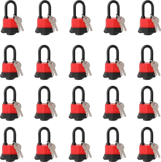 Main image of Heavy Duty Covered Laminated Steel Keyed Padlocks, Keyed Alike Locks, Waterproof Padlock for Outdoor use, 1-9/16 inch Wide Body, Long Shackle-Pack of 20