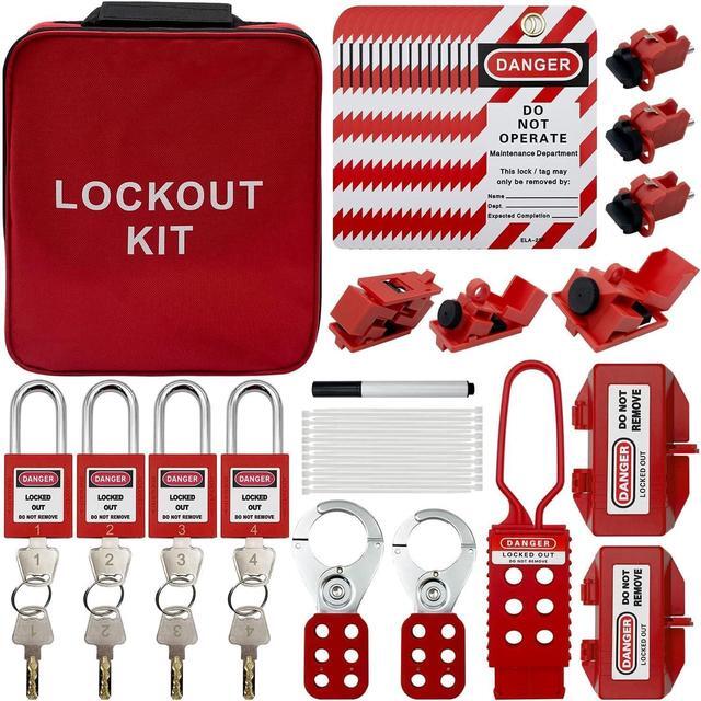 Main image of Tagout Kit Electrical Loto - Clamp-On Circuit Breaker Lockout, Group Lockout Hasps, Lockout Tag, Universal Multi- Pole Breaker with Pocket Bag (Bigger Red Kit)