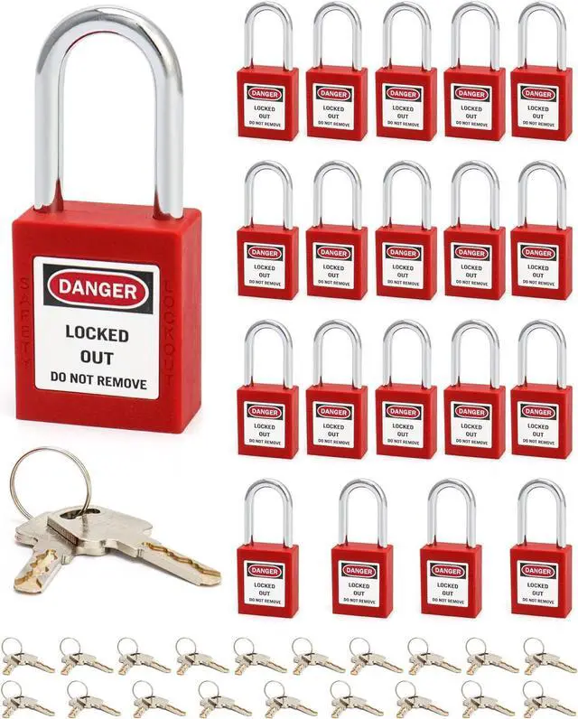 Main image of Red Lockout Tagout Safety Padlock, 20 Padlocks with 40 Keys, Keyed Different