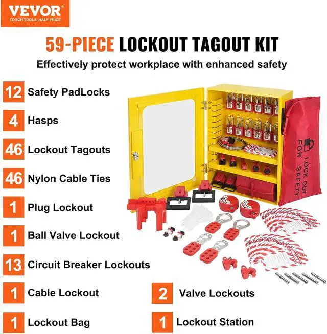 Alt view image 2 of 7 - Electrical Lockout Tagout Kit, 59 PCS Safety Lockout Tagout Station with Padlocks, Hasps, Tags, Ties, Plug Lockout, Circuit Breaker Lockouts, Valve Lockouts, Cable Lockout, Lockout Bag, Box