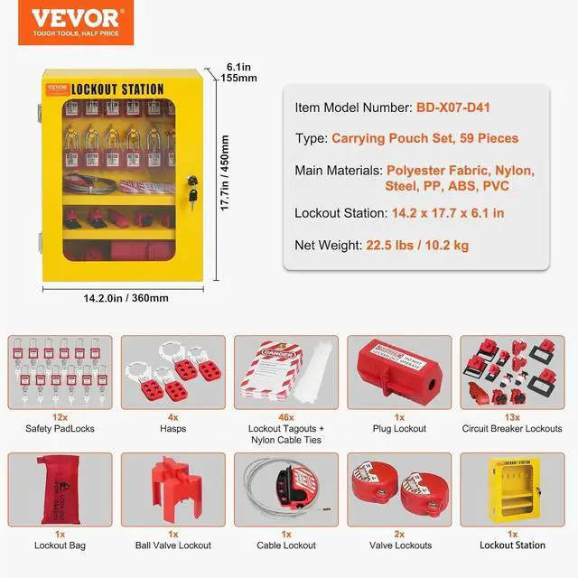 Alt view image 7 of 7 - Electrical Lockout Tagout Kit, 59 PCS Safety Lockout Tagout Station with Padlocks, Hasps, Tags, Ties, Plug Lockout, Circuit Breaker Lockouts, Valve Lockouts, Cable Lockout, Lockout Bag, Box