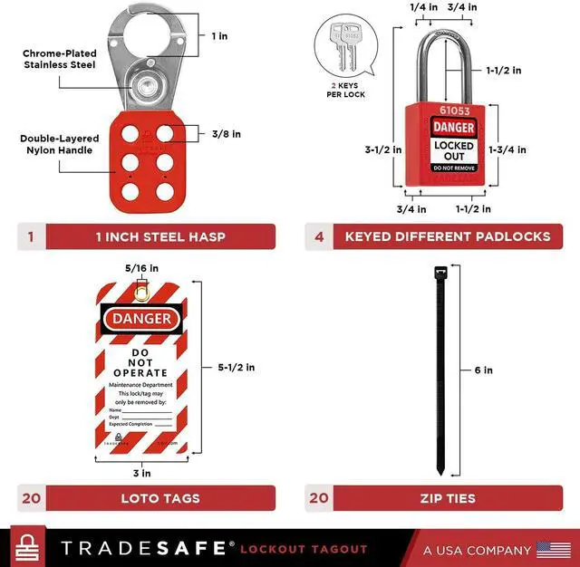 Alt view image 4 of 7 - Lockout Tagout Station With LOTO Devices - Lock Out Tag Out Kit Board With 4 Pack Safety Lock Set, Hasp For Padlocks, 20 Do Not Operate Tags For Lockout Safety Supply, OSHA Compliance