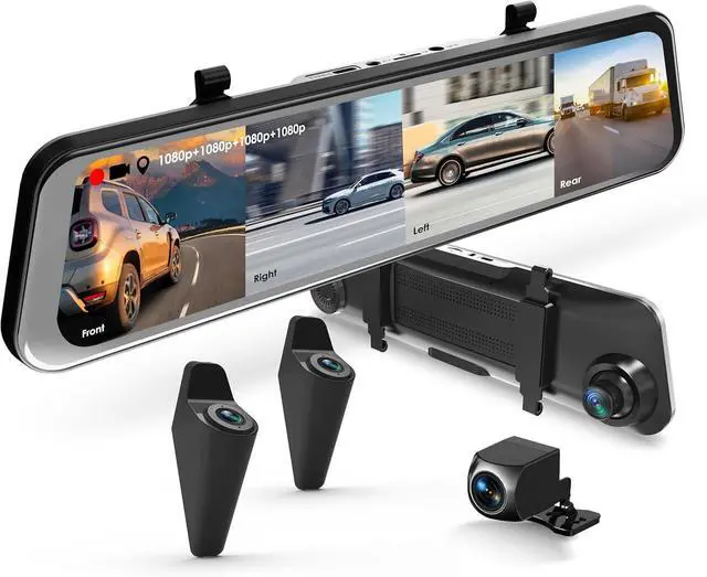Main image of U24 Mirror Dash Cam, 4-Channel, 12 Touchscreen, 1080p, 170° Wide Angle, Stream Media, Auto-Backup Camera for Car, Truck, Taxi, Night Vision, Parking MonitorFree 128GB Card
