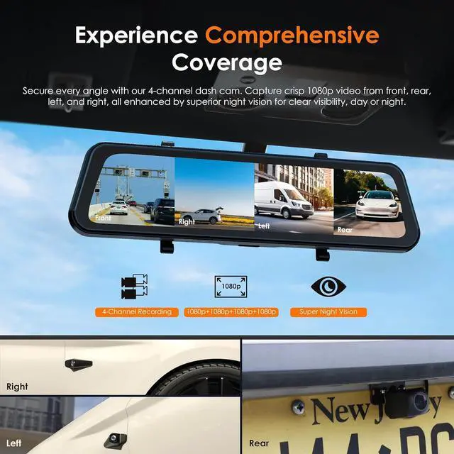 Alt view image 2 of 7 - U24 Mirror Dash Cam, 4-Channel, 12 Touchscreen, 1080p, 170° Wide Angle, Stream Media, Auto-Backup Camera for Car, Truck, Taxi, Night Vision, Parking MonitorFree 128GB Card