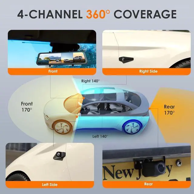 Alt view image 3 of 7 - U24 Mirror Dash Cam, 4-Channel, 12 Touchscreen, 1080p, 170° Wide Angle, Stream Media, Auto-Backup Camera for Car, Truck, Taxi, Night Vision, Parking MonitorFree 128GB Card