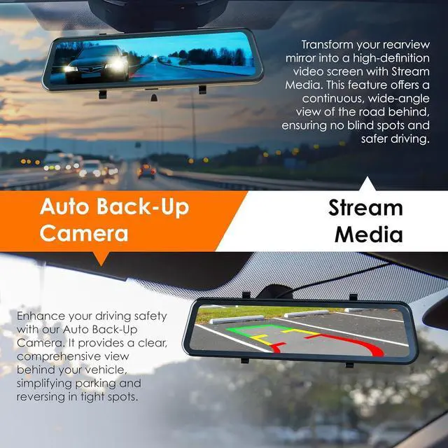 Alt view image 6 of 7 - U24 Mirror Dash Cam, 4-Channel, 12 Touchscreen, 1080p, 170° Wide Angle, Stream Media, Auto-Backup Camera for Car, Truck, Taxi, Night Vision, Parking MonitorFree 128GB Card