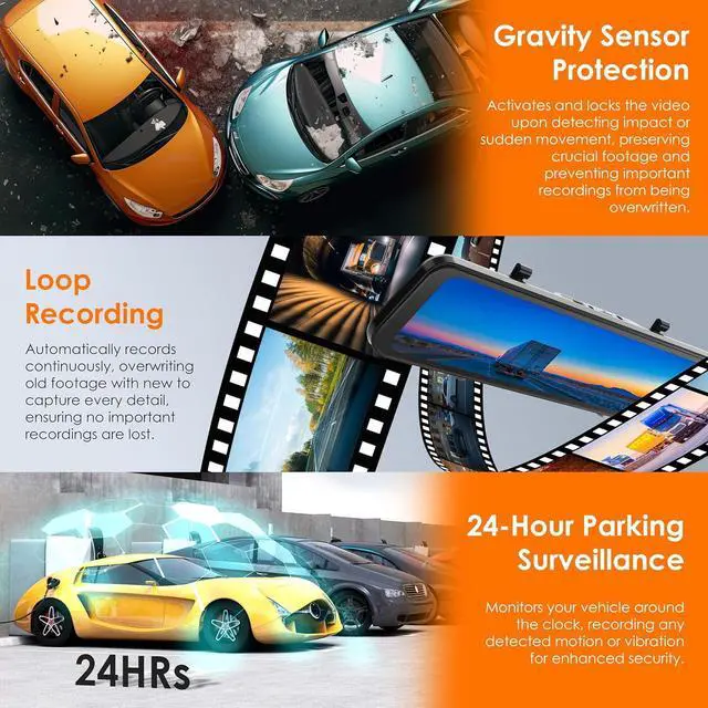 Alt view image 7 of 7 - U24 Mirror Dash Cam, 4-Channel, 12 Touchscreen, 1080p, 170° Wide Angle, Stream Media, Auto-Backup Camera for Car, Truck, Taxi, Night Vision, Parking MonitorFree 128GB Card