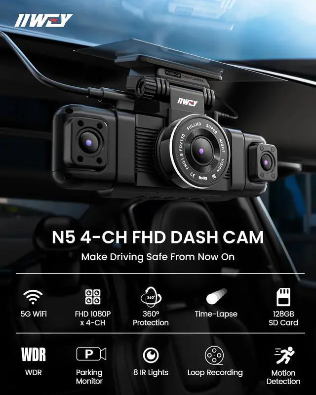 Alt view image 2 of 7 - N5 4 Channel Dash Cam 360° View, 1080P Front and Rear Inside, Left Right Dash Camera for Cars, 8 IR Lamps Night Vision, 5G WiFi & APP Control, G-Sensor, Parking Mode, with a Free 128GB SD Card