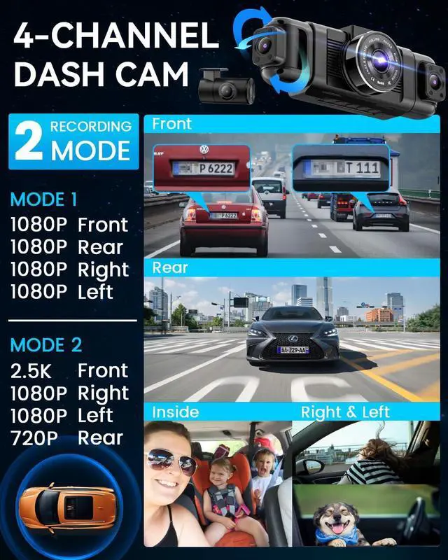Alt view image 3 of 7 - N5 4 Channel Dash Cam 360° View, 1080P Front and Rear Inside, Left Right Dash Camera for Cars, 8 IR Lamps Night Vision, 5G WiFi & APP Control, G-Sensor, Parking Mode, with a Free 128GB SD Card