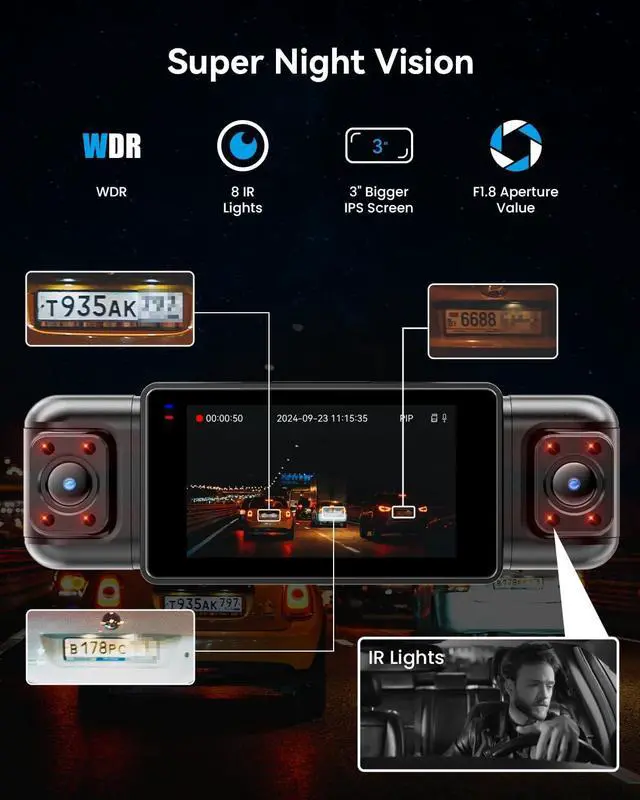 Alt view image 4 of 7 - N5 4 Channel Dash Cam 360° View, 1080P Front and Rear Inside, Left Right Dash Camera for Cars, 8 IR Lamps Night Vision, 5G WiFi & APP Control, G-Sensor, Parking Mode, with a Free 128GB SD Card