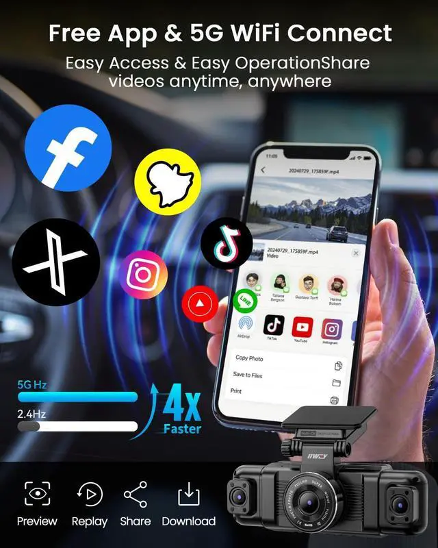 Alt view image 6 of 7 - N5 4 Channel Dash Cam 360° View, 1080P Front and Rear Inside, Left Right Dash Camera for Cars, 8 IR Lamps Night Vision, 5G WiFi & APP Control, G-Sensor, Parking Mode, with a Free 128GB SD Card