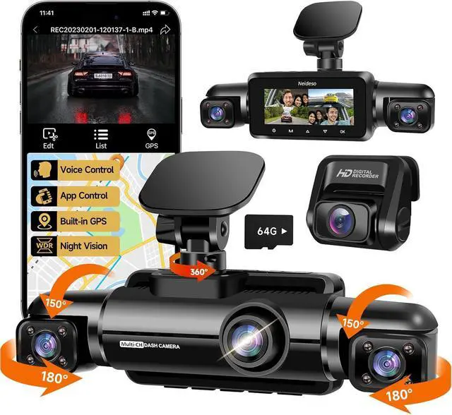 Main image of 360° Dash Cam Front and Rear Inside, 4 Channel FHD 4 * 1080P, Wi-Fi GPS Voice Control Car Camera, Front 2K+1080P*2 Dash Camera for Cars, with 64GB SD Card, Night Vision, 24H Parking Mode(N300)