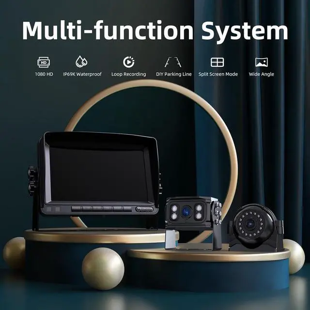 Alt view image 7 of 7 - HD 1080p Backup Camera System Kit, 7-inch Reversing Monitor with Quad Split Recording IP69 Waterproof, Rear View Side View Cameras, Backup Camera for RV Truck/Trailer/Tractor/Box/Camper Y0202