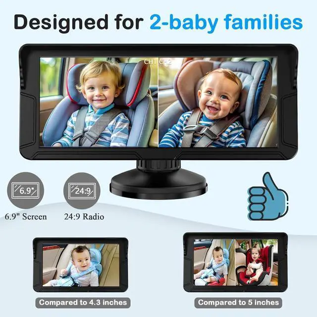 Alt view image 3 of 7 - Dual Baby Car Camera for 2 Kids  6.9 Split-Screen HD Display, Infrared Night Vision, Easy Installation, Backseat Camera for Infant & Toddler Safety, Compatible with All Car Models
