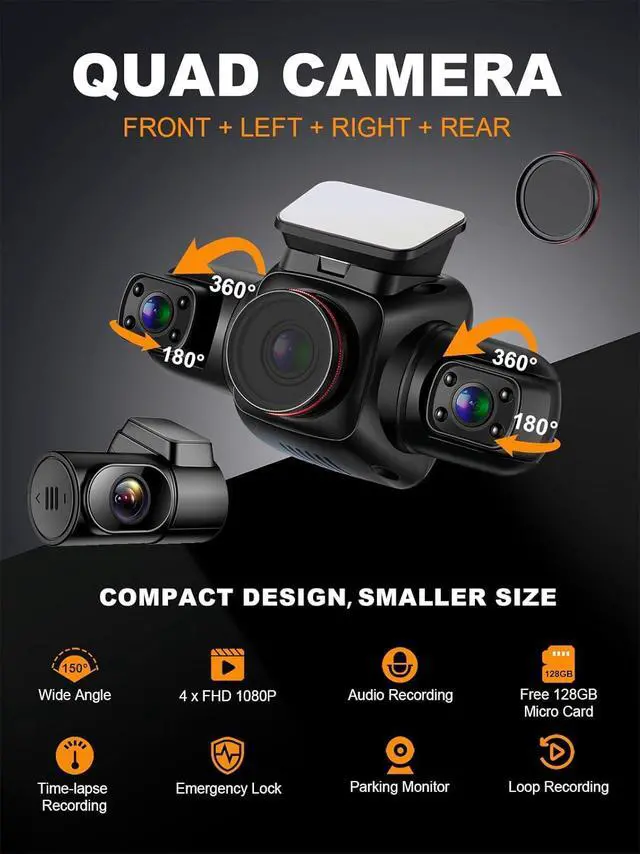 Alt view image 2 of 7 - 360 Degree View 4 Channel Dash Cam Front and Rear Inside Left Right, Dash Camera for Cars with CPL, Built-in GPS WiFi Night Vision, 24/7 Recording Parking Mode Monitor, Free 128G Card