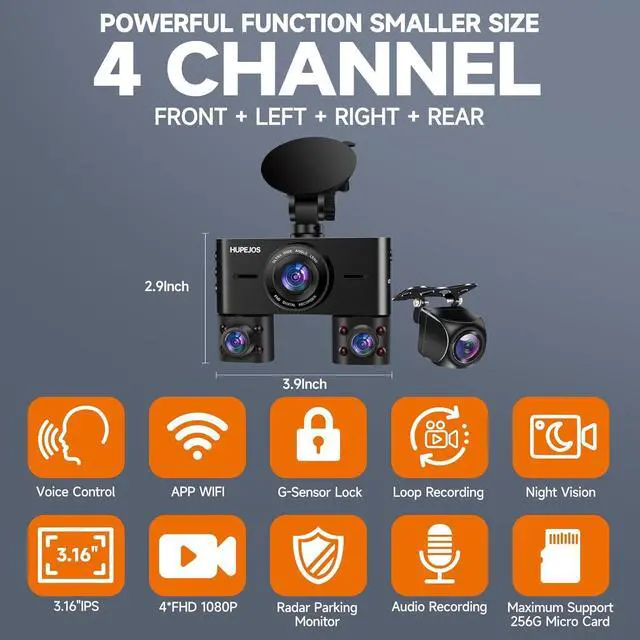 Alt view image 2 of 7 - 360 Dash Cam Front and Rear Inside, 4 Channel Dash Camera for Cars FHD 1080Px4, Built-in Wi-Fi, 3.16 IPS Screen, WDR Night Vision, Voice Control, Included 64GB Card, 24H Parking Mode