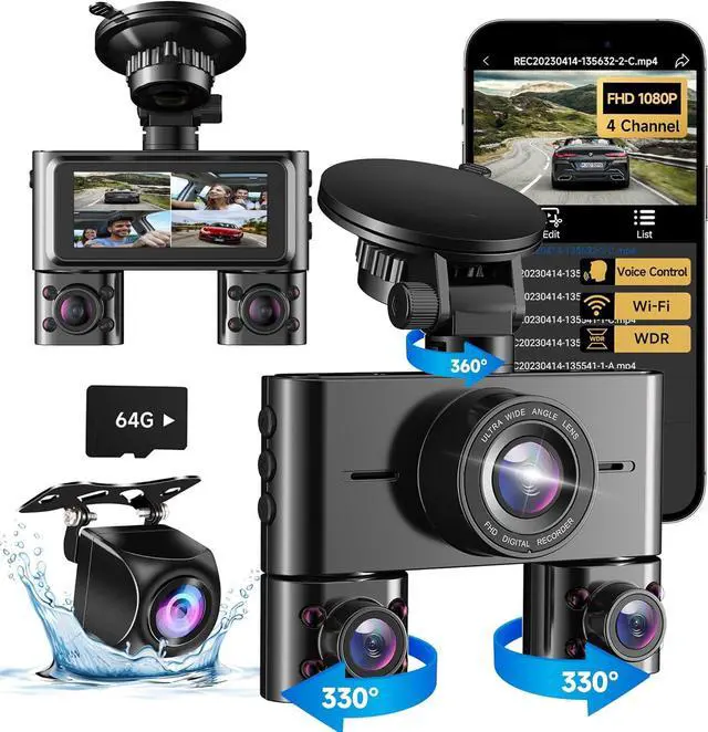 Main image of 360 Dash Cam Front and Rear Inside, 4 Channel Dash Camera for Cars FHD 1080Px4, Built-in Wi-Fi, 3.16 IPS Screen, WDR Night Vision, Voice Control, Included 64GB Card, 24H Parking Mode