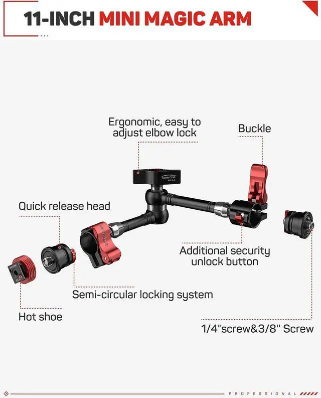 Alt view image 2 of 7 - 11'' Magic Arm, Adjustable Spider Crab Magic Arm with Shoe Mount and 1/4'' & 3/8" Tripod Screw for DSLR Camera Rig/Camcorder/LCD Monitor Video Vlog Rig w/Smartphone etc - MA5-6