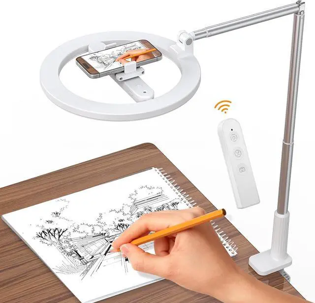Main image of 10'' Magic Arm Ring Light with Desk Clamp & Built-in Battery, Overhead Phone Mount Fill Light and Phone Holder Circle Desktop Articulating Arm for Video Recording, Zoom Meeting, Tiktok, YouTube Vlog