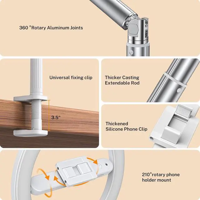 Alt view image 4 of 7 - 10'' Magic Arm Ring Light with Desk Clamp & Built-in Battery, Overhead Phone Mount Fill Light and Phone Holder Circle Desktop Articulating Arm for Video Recording, Zoom Meeting, Tiktok, YouTube Vlog