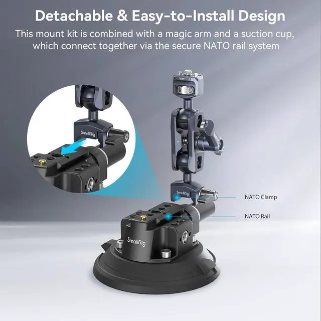 Alt view image 2 of 7 - 4" Camera Suction Mount with Ball Head Magic Arm, Car Mount for Lightweight Camera/Action Camera/Phone, Air Pump Vacuum Suction Cup, Max Load 3kg/6.6 Pound - 4236