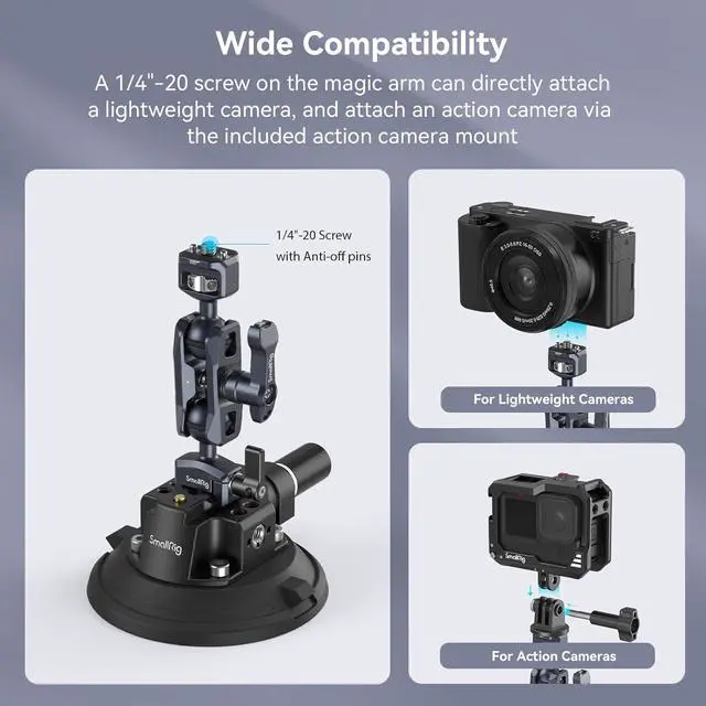 Alt view image 3 of 7 - 4" Camera Suction Mount with Ball Head Magic Arm, Car Mount for Lightweight Camera/Action Camera/Phone, Air Pump Vacuum Suction Cup, Max Load 3kg/6.6 Pound - 4236