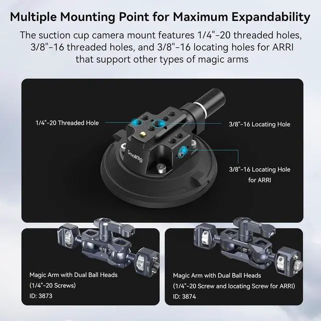 Alt view image 5 of 7 - 4" Camera Suction Mount with Ball Head Magic Arm, Car Mount for Lightweight Camera/Action Camera/Phone, Air Pump Vacuum Suction Cup, Max Load 3kg/6.6 Pound - 4236