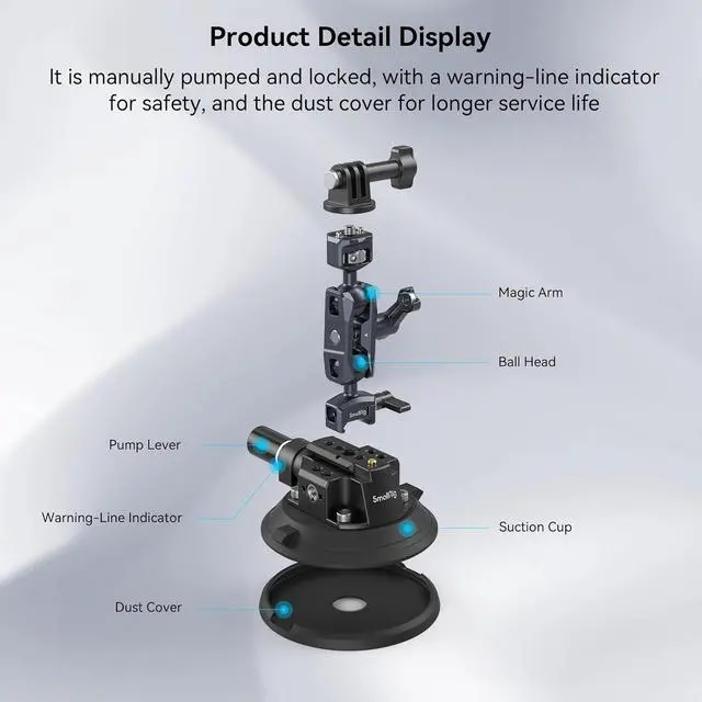 Alt view image 6 of 7 - 4" Camera Suction Mount with Ball Head Magic Arm, Car Mount for Lightweight Camera/Action Camera/Phone, Air Pump Vacuum Suction Cup, Max Load 3kg/6.6 Pound - 4236