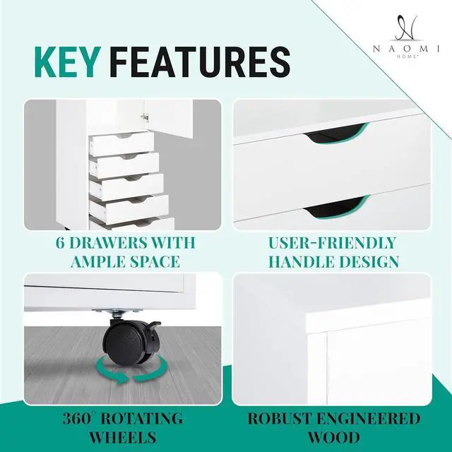 Alt view image 6 of 7 - Home Carly 6-Drawer Office Storage File Cabinet on Wheels, Mobile Under Desk Filing Drawer Unit, Craft Storage Organization for Home, Office  White