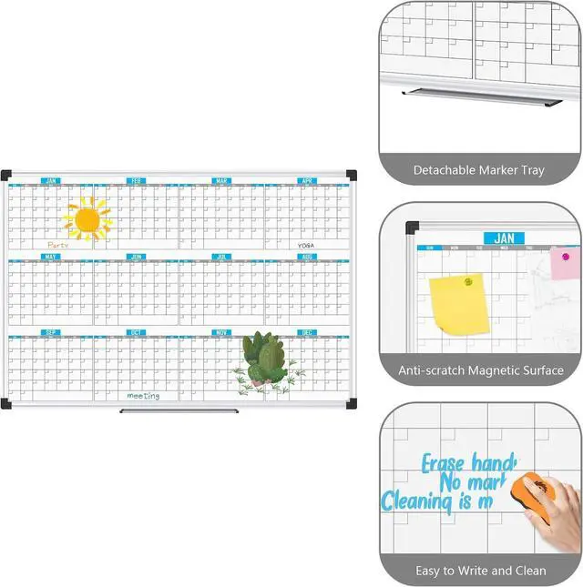 Alt view image 3 of 7 - Magnetic Calendar Whiteboard 48" x 36", 12 Months Calendar Dry Erase Board, Silver Aluminium Framed White Board Planner for Home School Office Organization