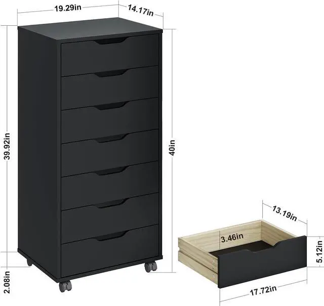 Alt view image 3 of 7 - 5/7 Drawer Chest, Wooden Tall Dresser Storage Dresser Cabinet with Wheels, Office Organization and Storage, Bedroom Furniture (Black, 7 Drawer)