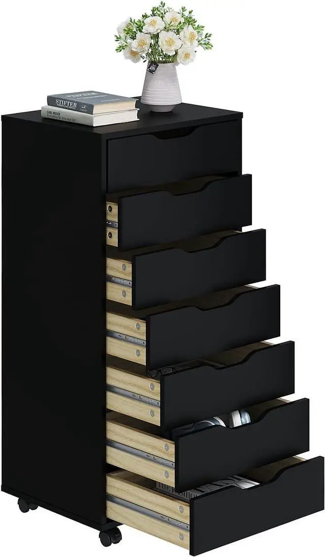 Alt view image 4 of 7 - 5/7 Drawer Chest, Wooden Tall Dresser Storage Dresser Cabinet with Wheels, Office Organization and Storage, Bedroom Furniture (Black, 7 Drawer)